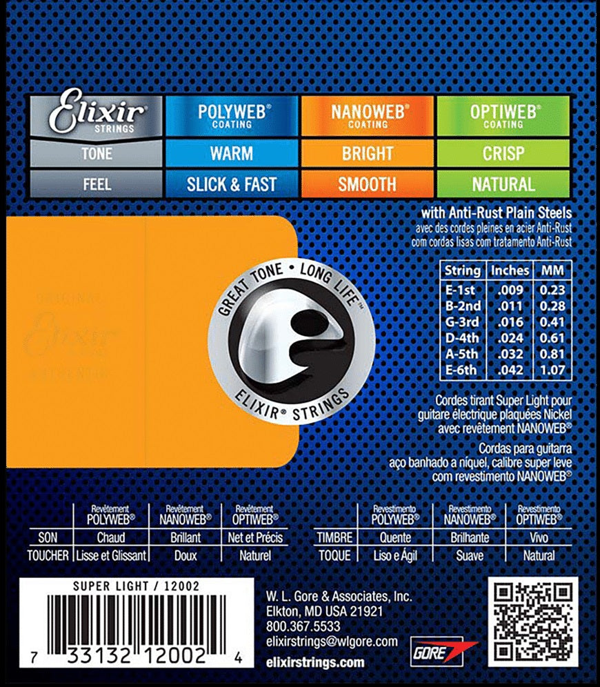 Set Cuerdas Guitarra Eléctrica Elixir 12002, 9-42 Super Light