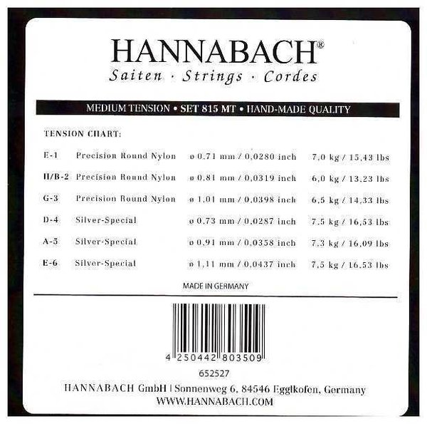 Set Cuerdas Guitarra Clásica Hannabach 815 MT, Medium Tension