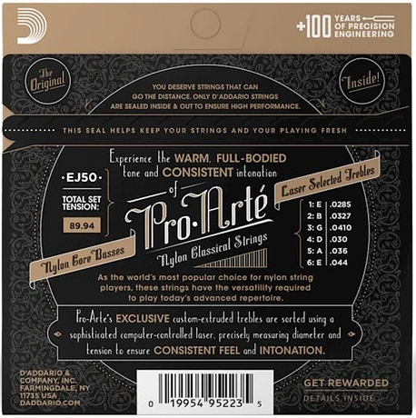 Set Cuerdas Guitarra Clásica ProArté EJ50, High Tension Black Nylon