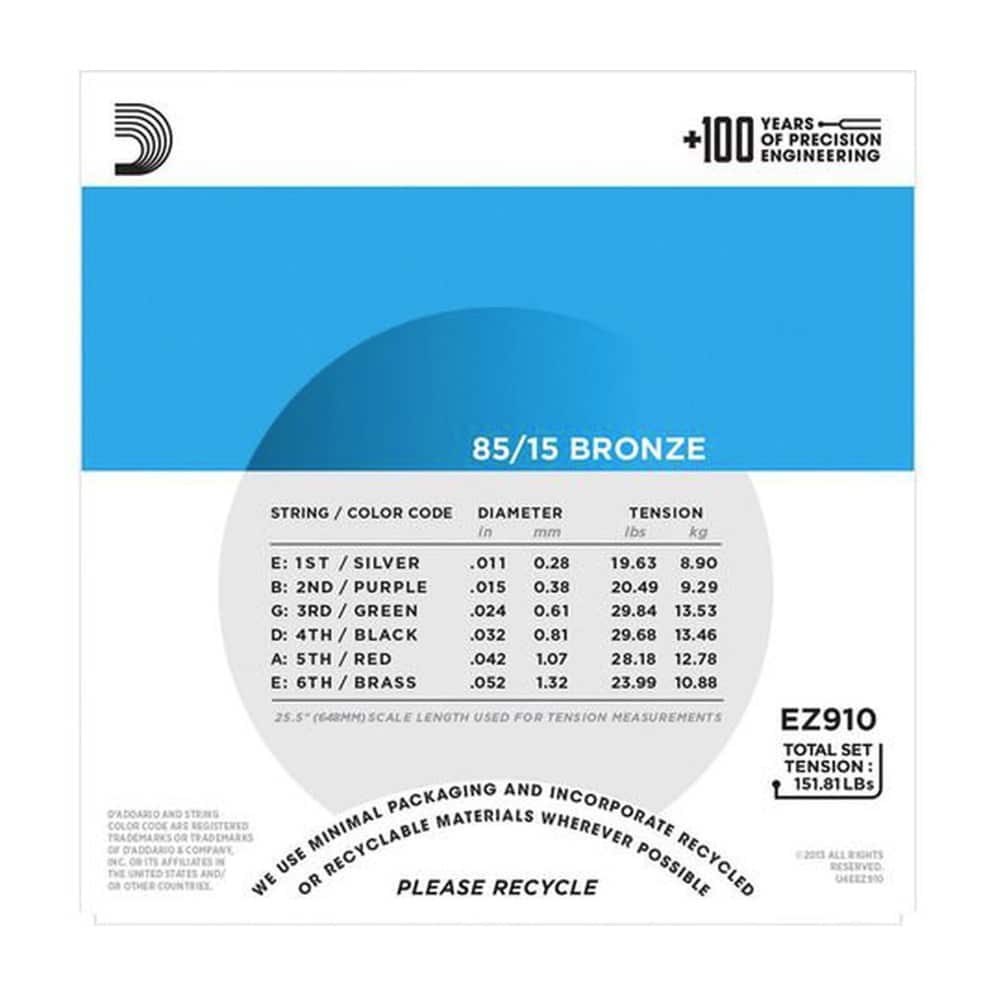 Set Cuerdas Guitarra Acustica D'addario EZ910, 11-52 Light 85/15
