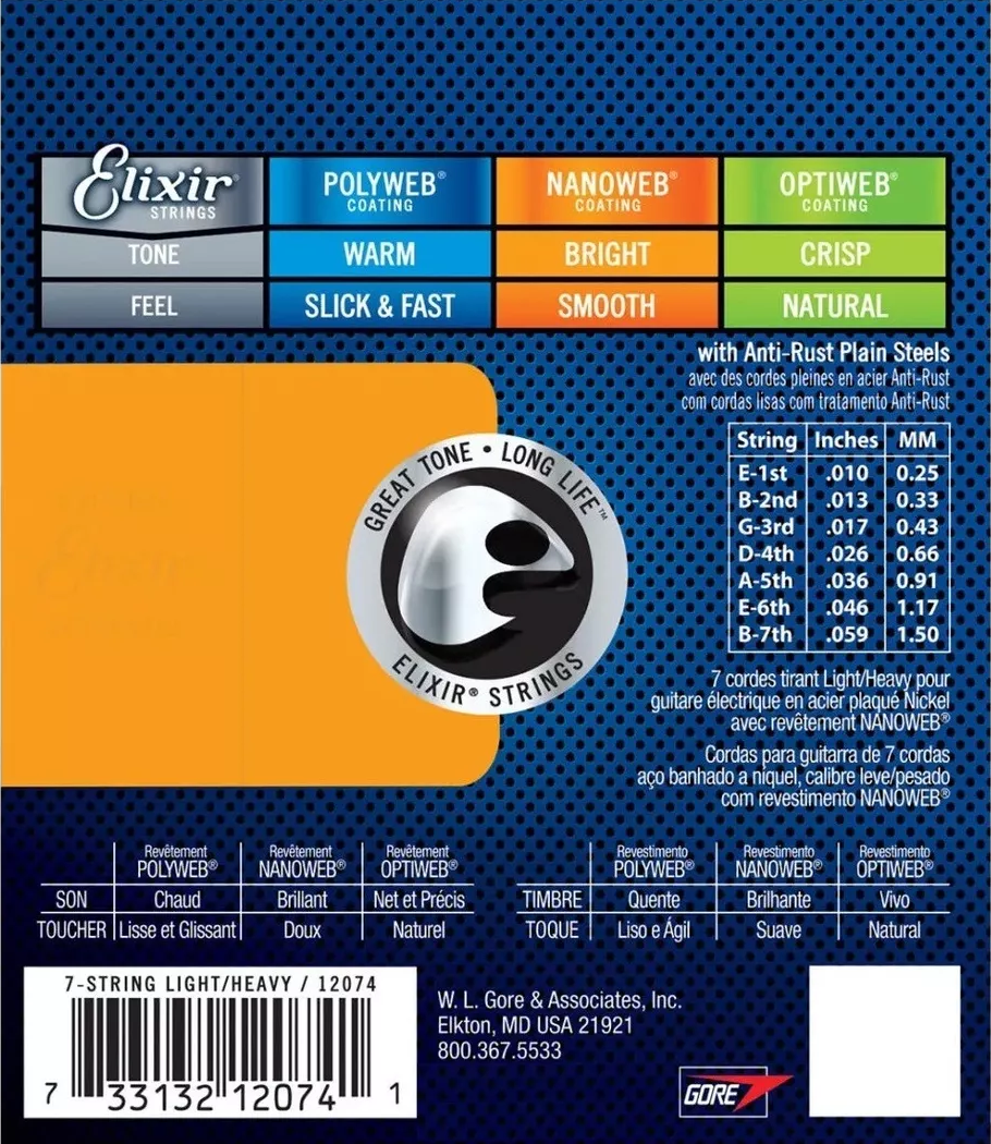 Set Cuerdas Guitarra Eléctrica Elixir 12074, 10-59 Light/Heavy (7 Cuerdas)