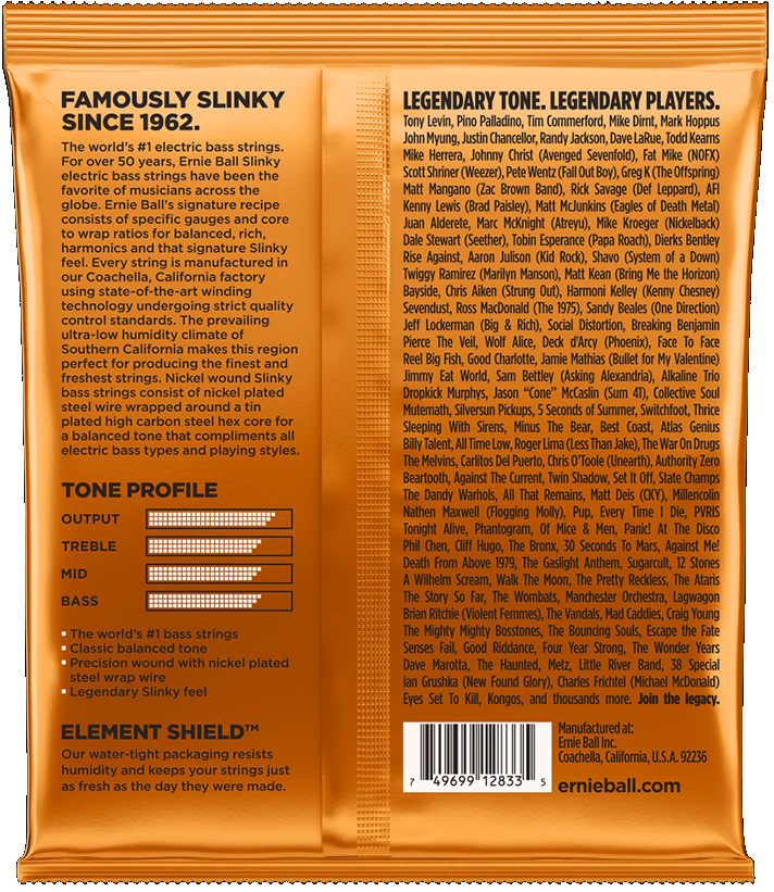 Set Cuerdas Bajo Eléctrico Ernie Ball 2833, 045-105 Cuatro Cuerdas