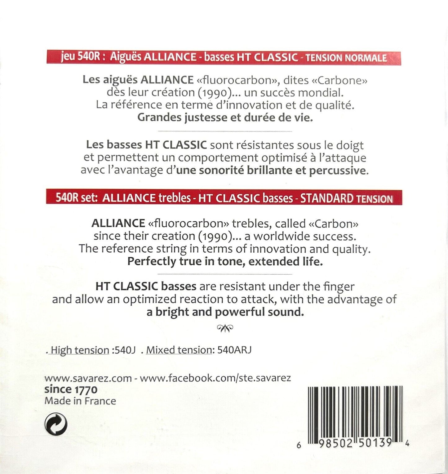 Set Cuerdas Guitarra Clásica Savarez 540R, Medium Tension