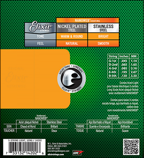 Set Cuerdas Bajo Eléctrico Elixir 14202, 045-130 Cinco Cuerdas